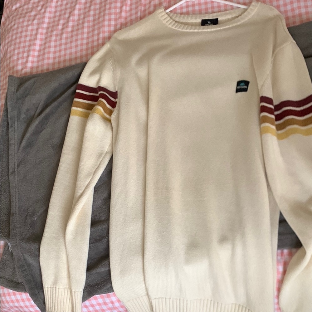 Cream Crew Neck Sweater with Striped Sleeves and Textured Knit